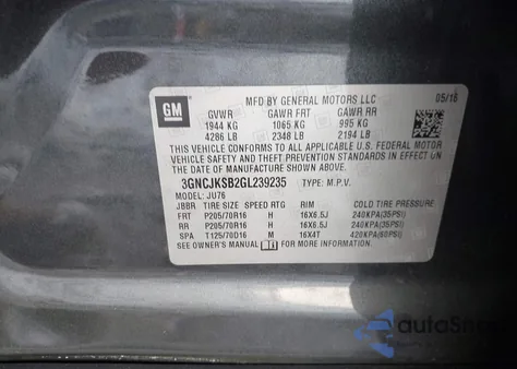 2016 Chevrolet Trax 1Ls z USA, uszkodzony, nr VIN 3GNCJKSB2GL239235